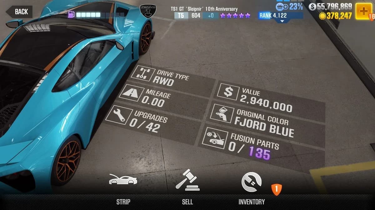 Zenvo TS1 GT 'Sleipnir' 10th Anniversary CSR2 fusion parts and upgrade breakdown, tier 5 purple star car