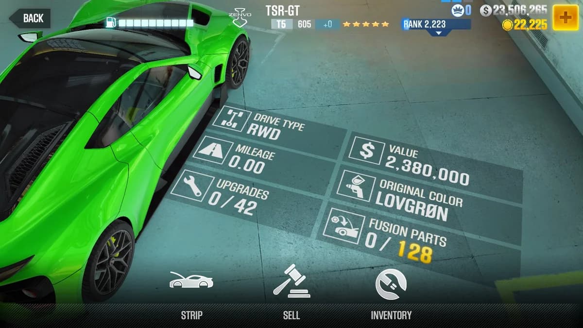 Zenvo TSR-GT CSR2 fusion parts and upgrade breakdown, tier 5 purple star car