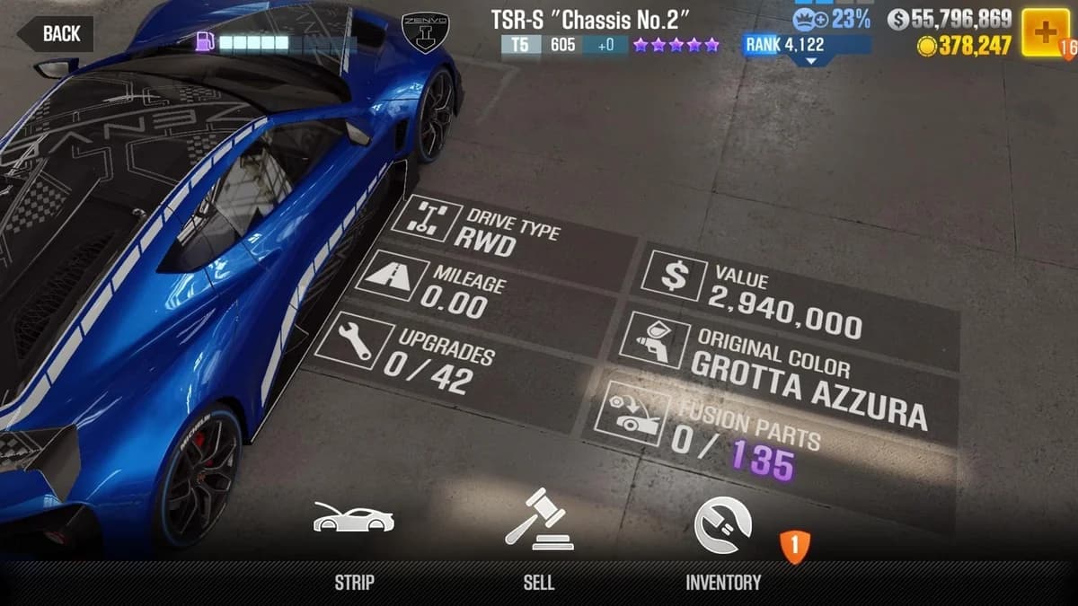 Zenvo TSR-S ''Chassis No.2'' CSR2 fusion parts and upgrade breakdown, tier 5 purple star car