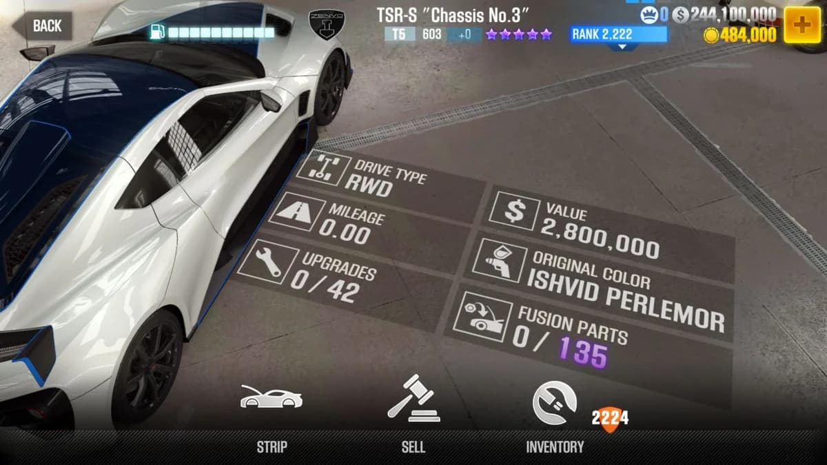 Zenvo TSR-S ''Chassis No.3'' CSR2 fusion parts and upgrade breakdown, tier 5 purple star car
