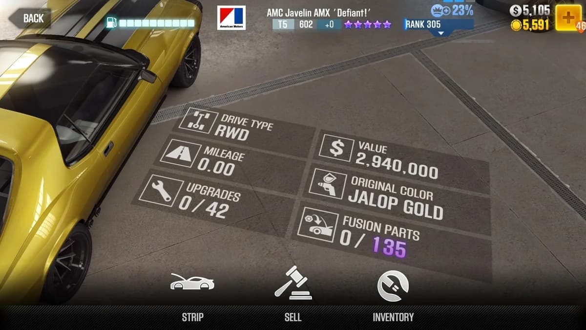 AMC Javelin AMX 'Defiant!' CSR2 fusion parts and upgrade breakdown, tier 5 purple star car