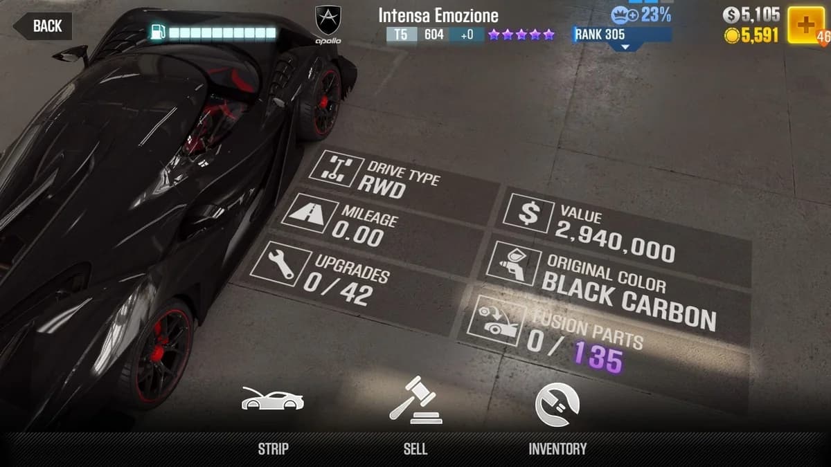Apollo Intensa Emozione (Black) CSR2 fusion parts and upgrade breakdown, tier 5 purple star car