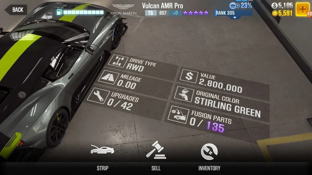 Aston Martin Vulcan AMR Pro (Evo) CSR2 fusion parts and upgrade breakdown, tier 5 purple star car