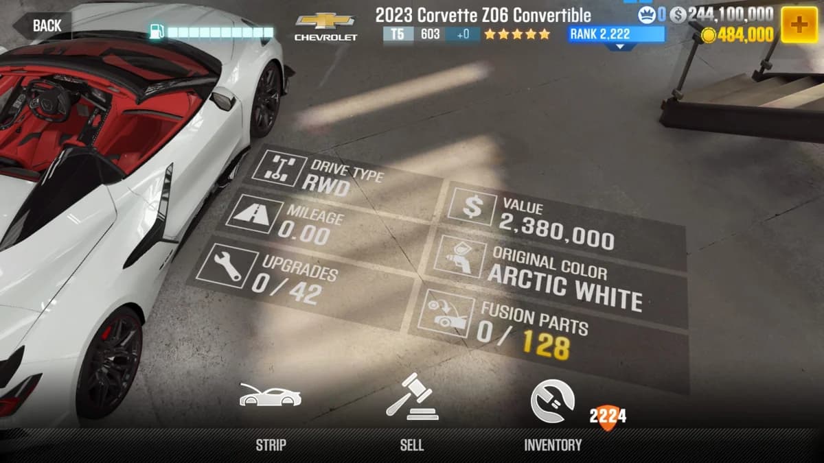 Chevrolet 2023 Corvette Z06 Convertible CSR2 fusion parts and upgrade breakdown, tier 5 purple star car