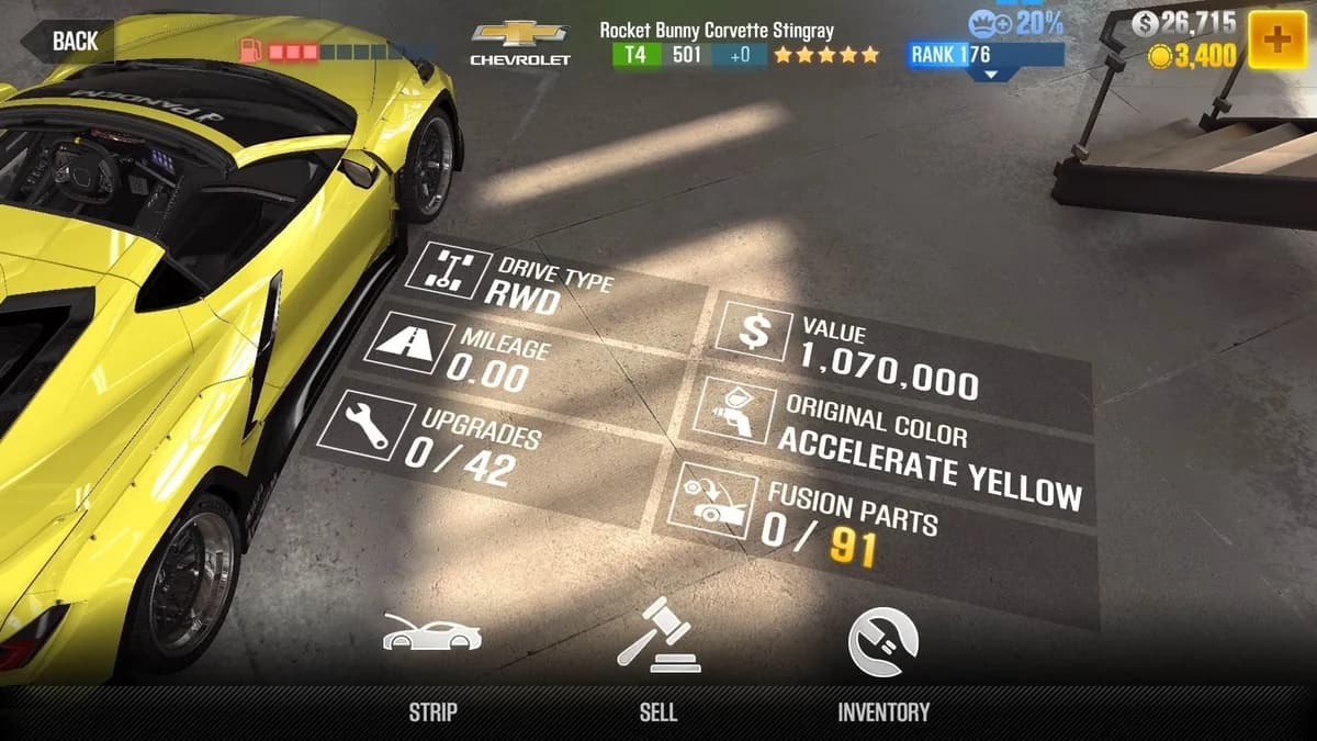 Chevrolet Rocket Bunny Corvette Stingray CSR2 fusion parts and upgrade breakdown, tier 4 purple star car