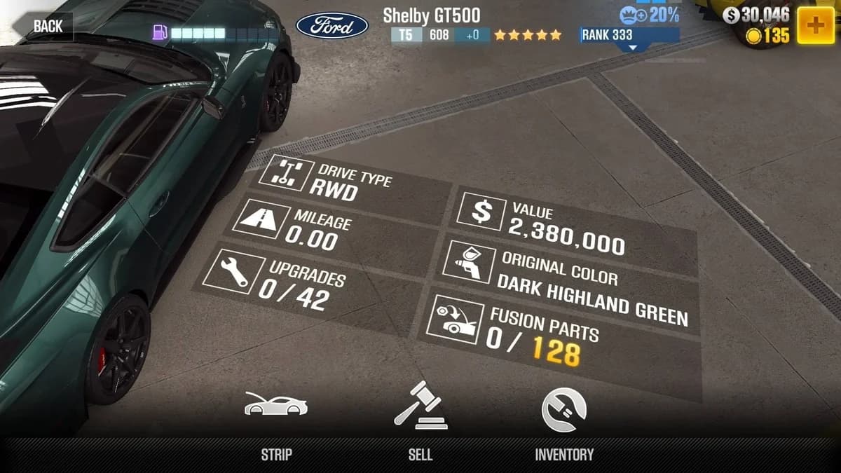 Ford Mustang Shelby GT500 CSR2 fusion parts and upgrade breakdown, tier 5 purple star car