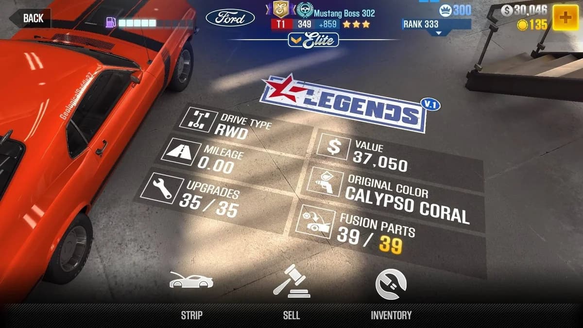 Ford Mustang Boss 302 (E.C. Level 0) CSR2 fusion parts and upgrade breakdown, tier 1 gold star car