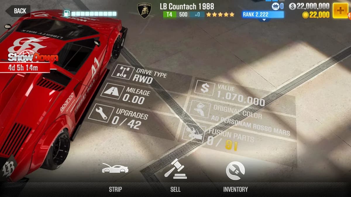 Lamborghini LB Works Countach CSR2 fusion parts and upgrade breakdown, tier 4 purple star car