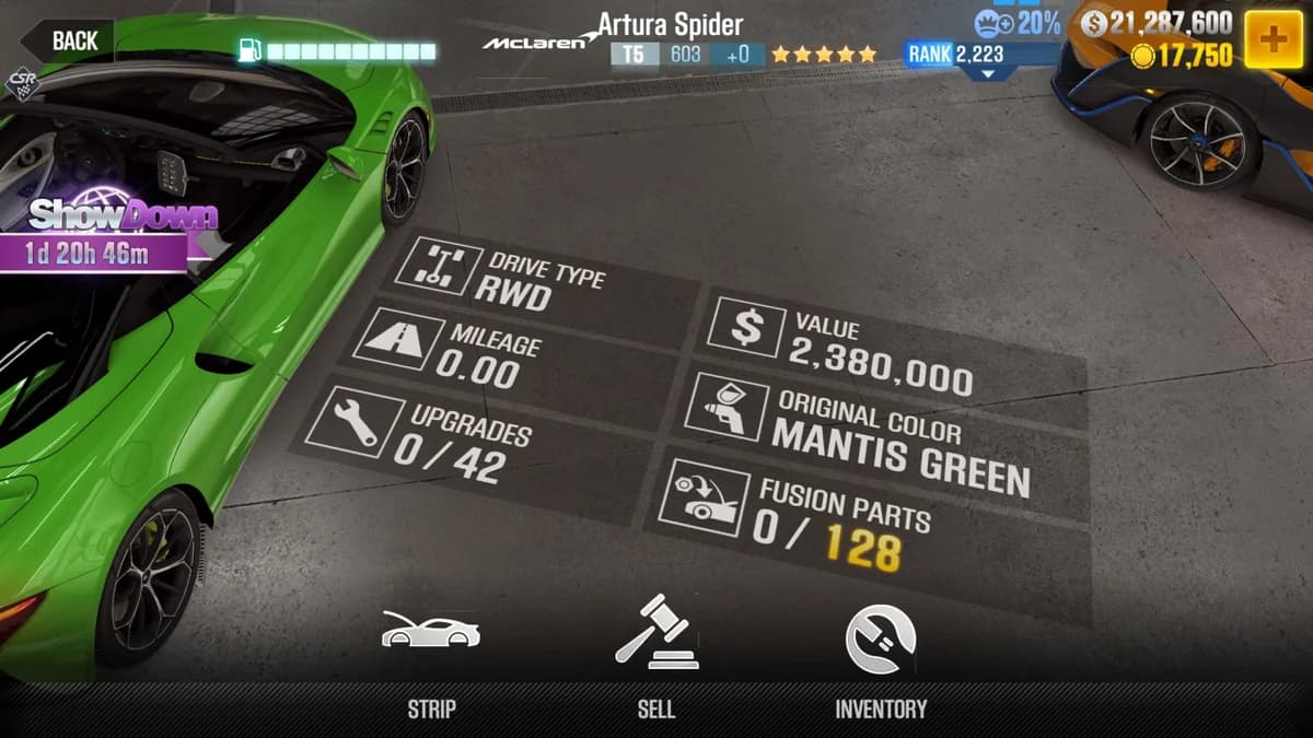 McLaren Artura Spider CSR2 fusion parts and upgrade breakdown, tier 5 purple star car
