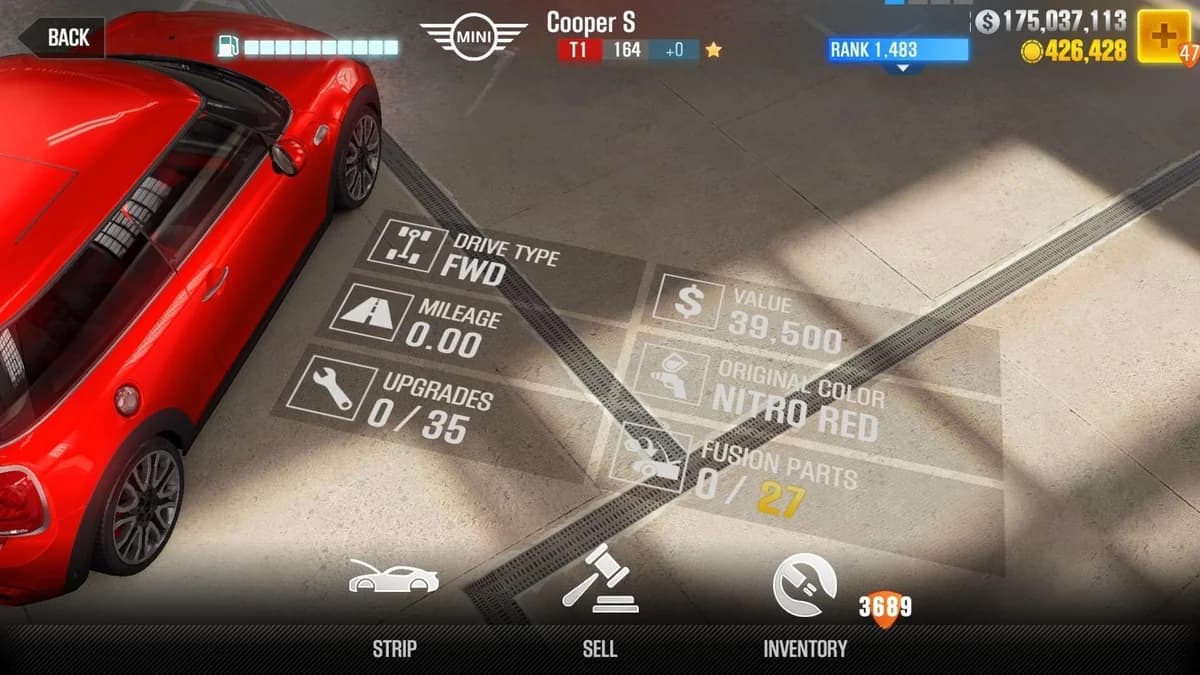 Mini Cooper S (Engine Stock) CSR2 fusion parts and upgrade breakdown, tier 1 gold star car