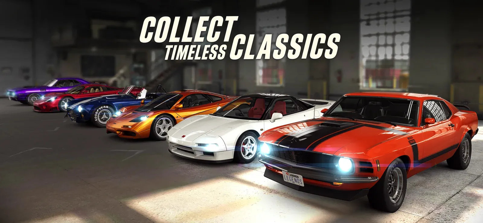 Original CSR2 Legends Cars assembled in a garage