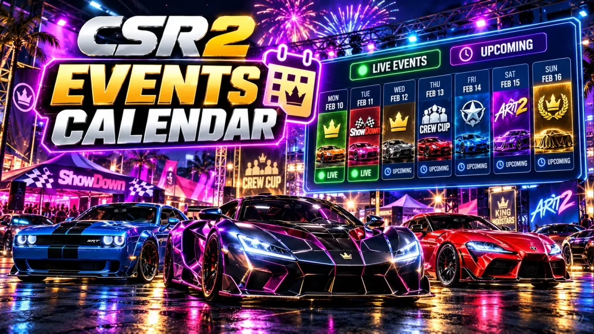 CSR2 events calendar showing live and upcoming events by day, including Showdown, Crew Cup and ART
