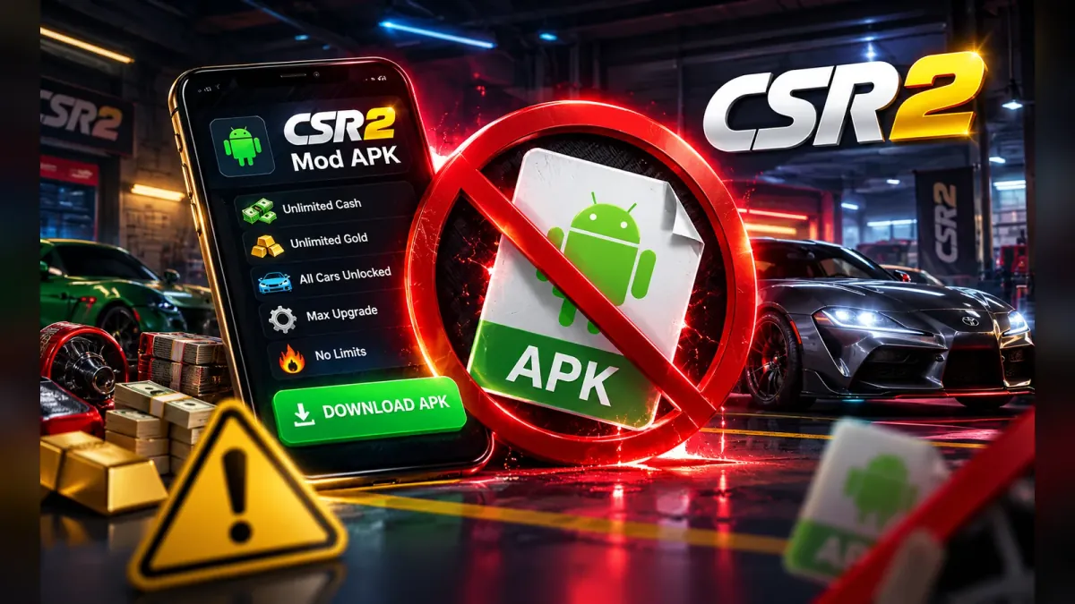 CSR2 mod APK with unlimited cash and gold crossed out: why a modded APK download fails against the CSR2 server