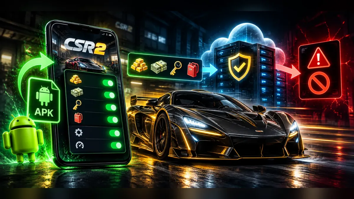 CSR2 mods on Android: a modded APK with resource toggles blocked by the CSR2 server check