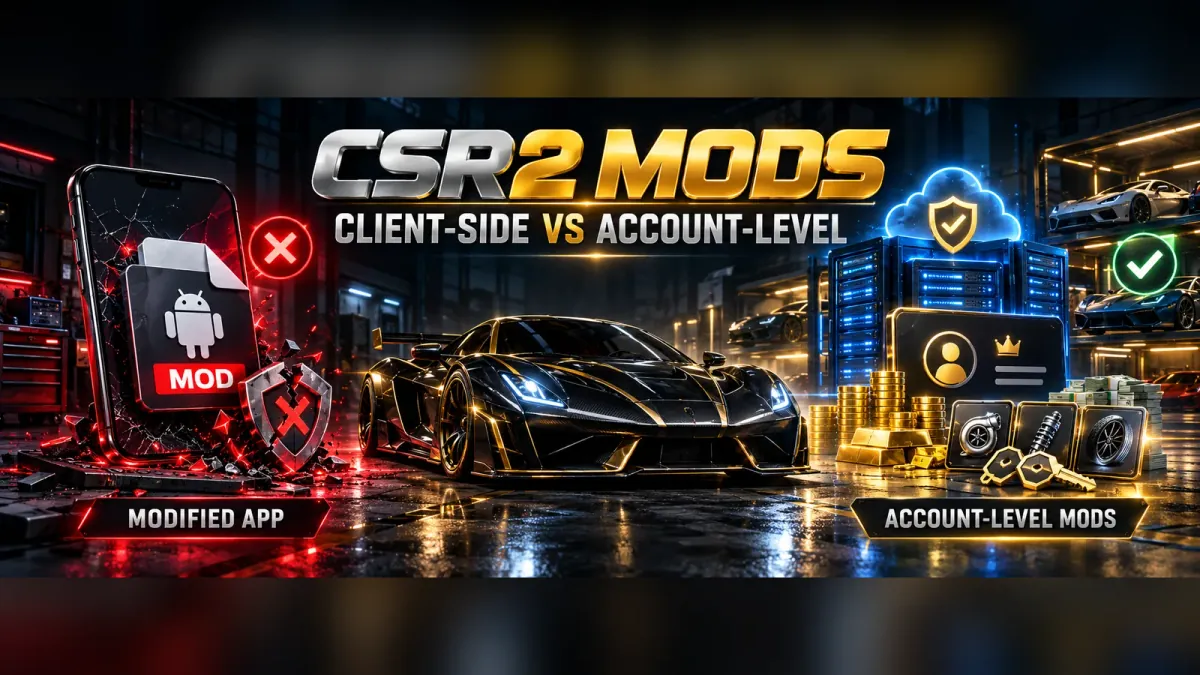 CSR2 mods explained: a modified app that gets blocked versus account-level CSR2 mods delivered safely to your account