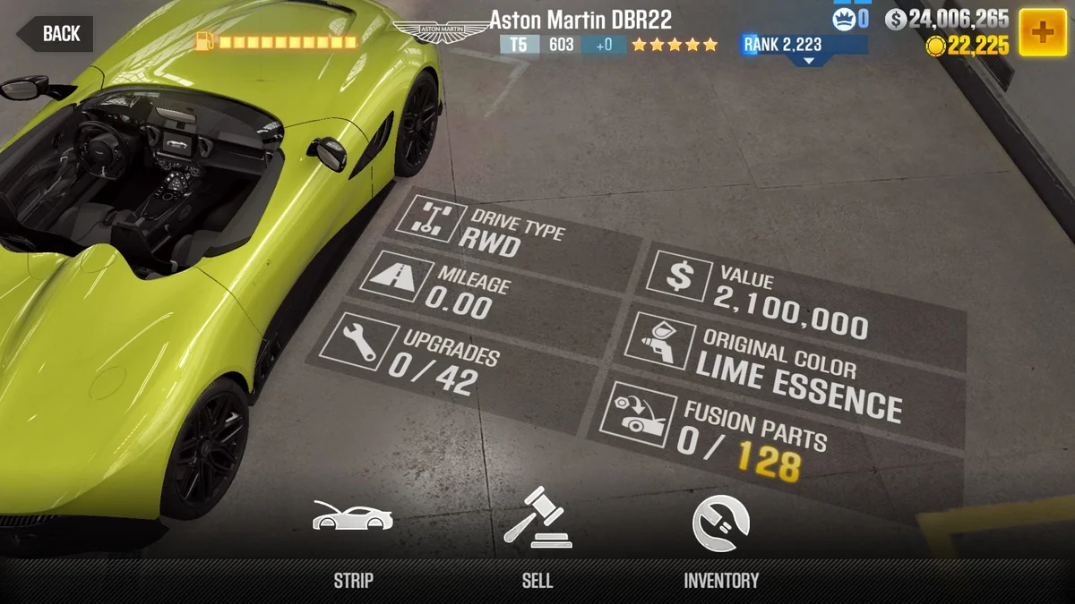 Aston Martin DBR22 CSR2 fusion parts and tune setup
