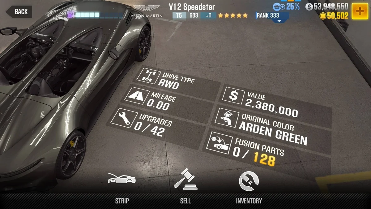 Aston Martin V12 Speedster CSR2 fusion parts and tune setup