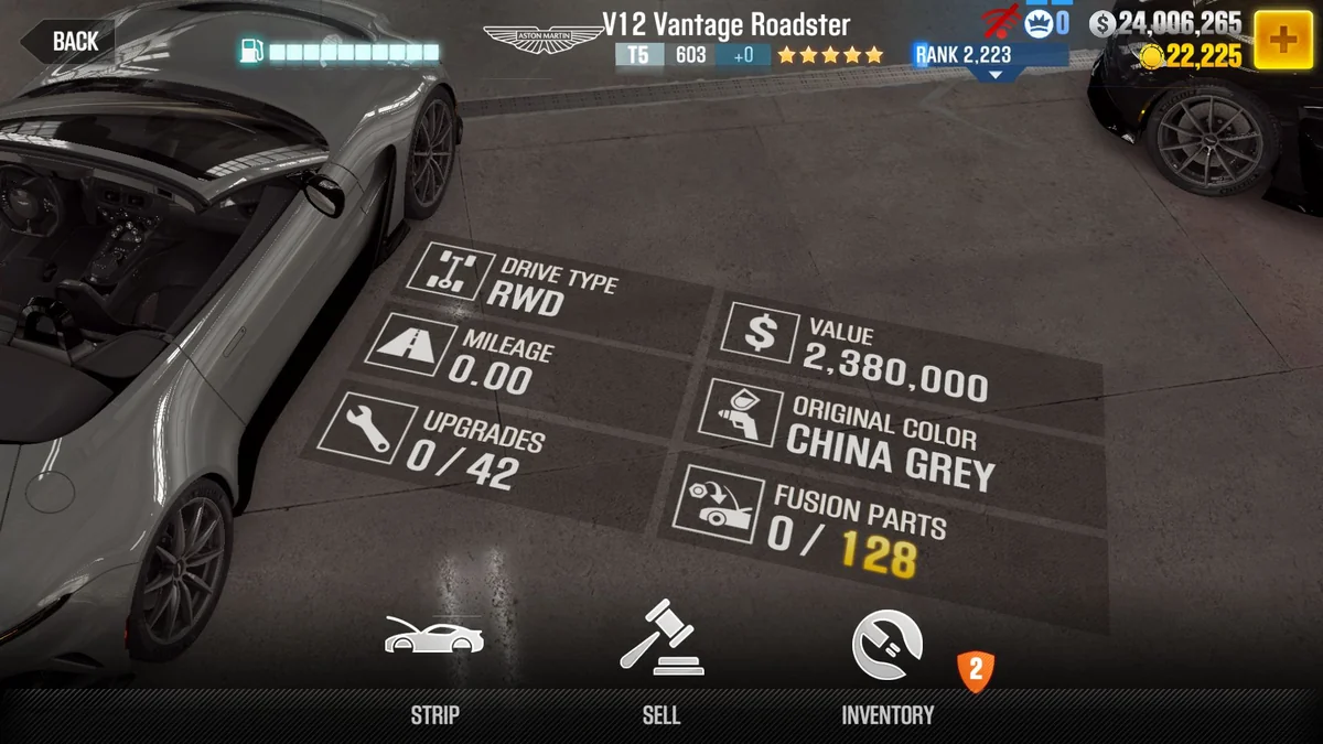 Aston Martin V12 Vantage Roadster CSR2 fusion parts and upgrade breakdown, tier 5 gold star car
