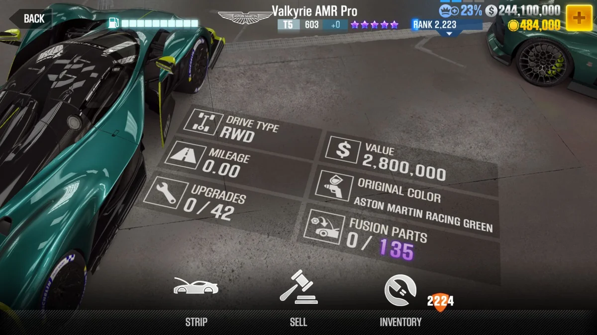 Aston Martin Valkyrie AMR Pro CSR2 fusion parts and tune setup