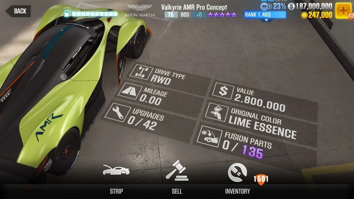 Aston Martin Valkyrie AMR Pro Concept CSR2 fusion parts and upgrade breakdown, tier 5 purple star car