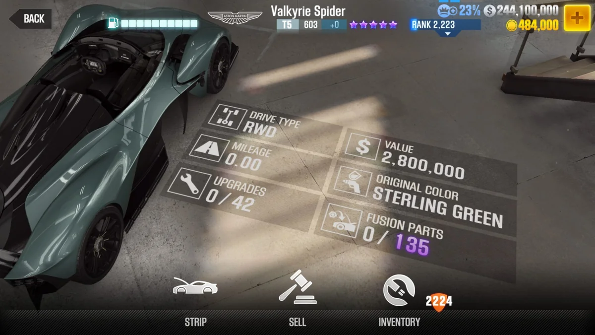 Aston Martin Valkyrie Spider CSR2 fusion parts and tune setup