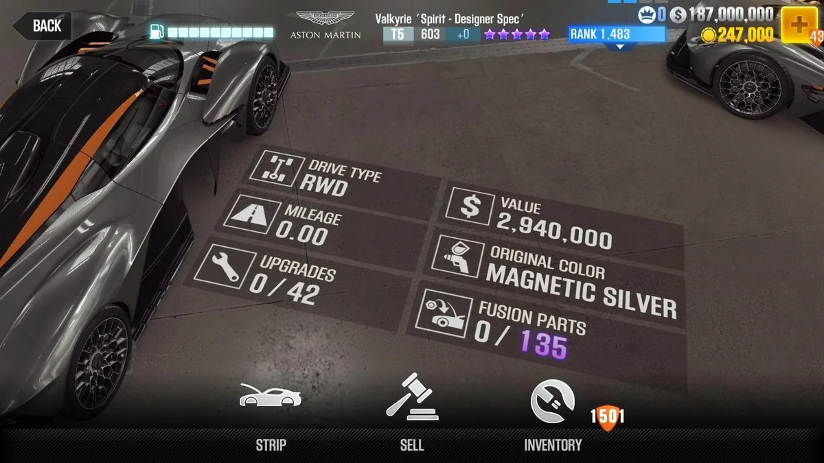 Aston Martin Valkyrie 'Spirit - Designer Spec' CSR2 fusion parts and tune setup