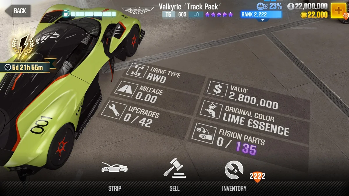 Aston Martin Valkyrie 'Track Pack' CSR2 fusion parts and tune setup