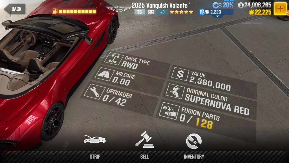 Aston Martin Vanquish Volante 2025 CSR2 fusion parts and tune setup
