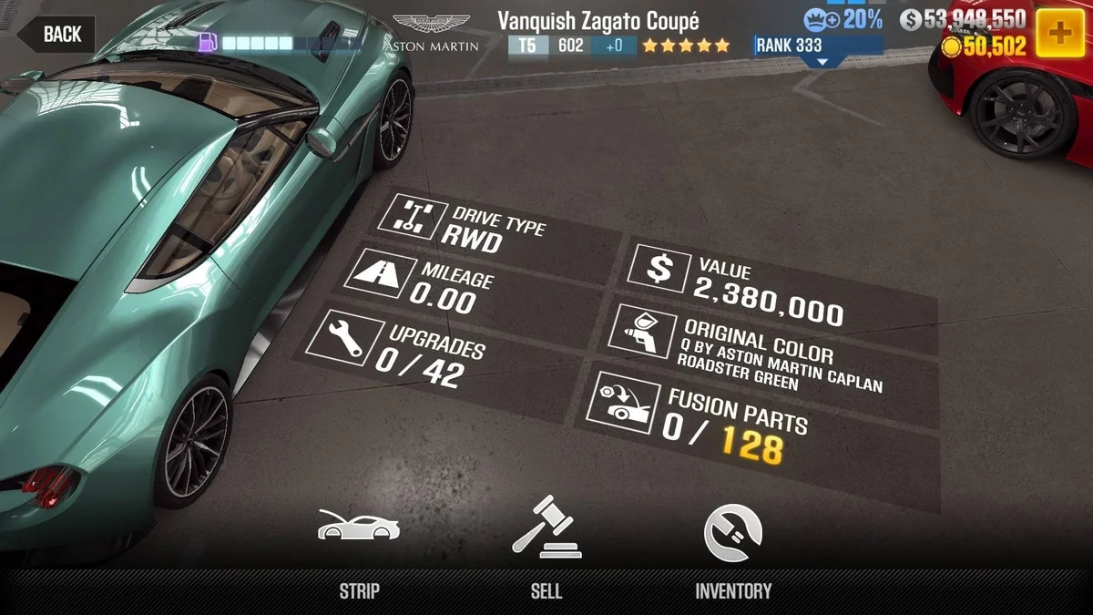 Aston Martin Vanquish Zagato Coupe CSR2 fusion parts and tune setup