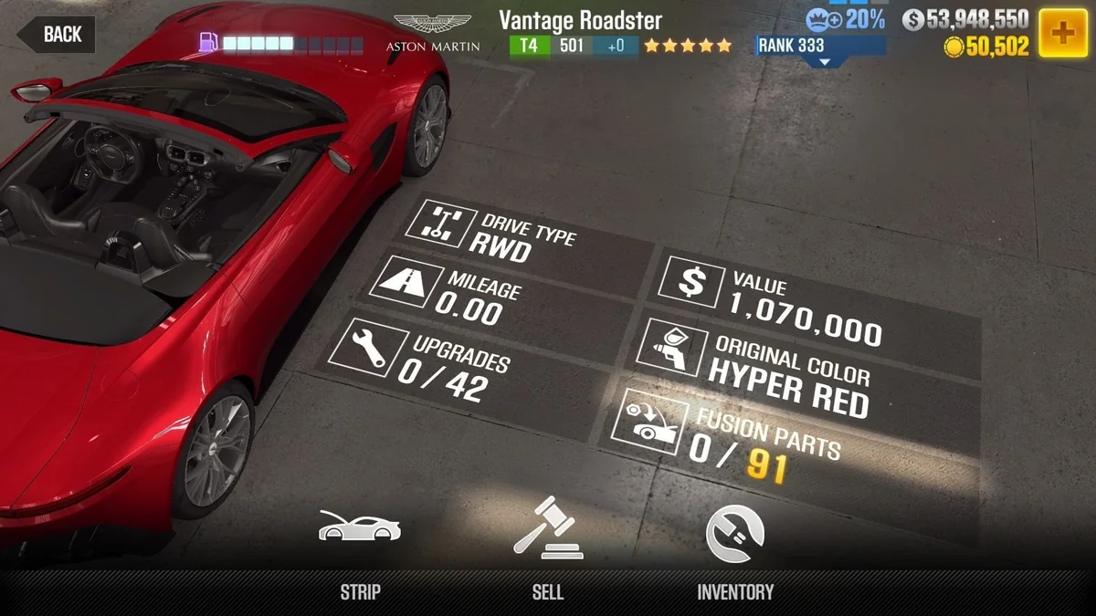 Aston Martin Vantage Roadster CSR2 fusion parts and tune setup