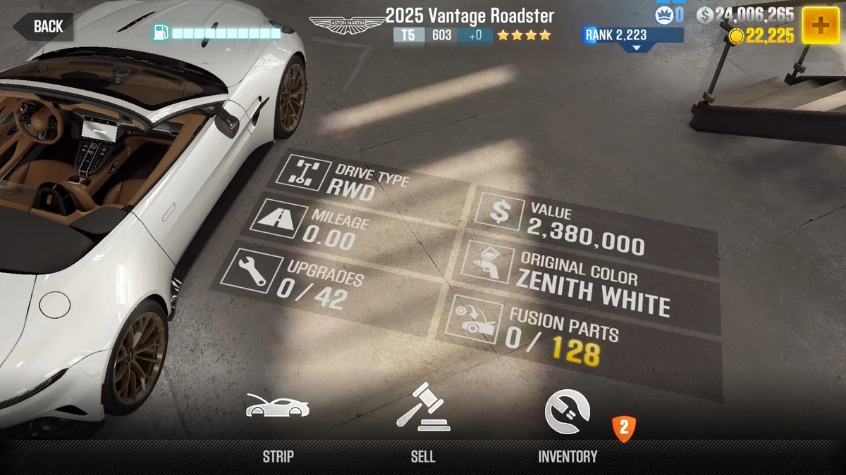 Aston Martin Vantage Roadster 2025 CSR2 fusion parts and tune setup
