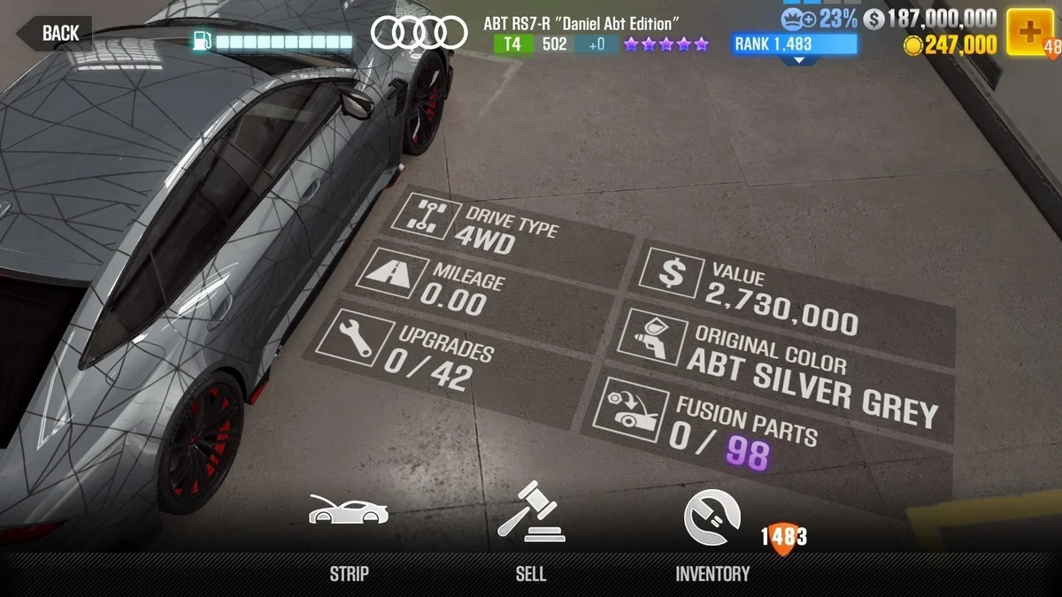 Audi ABT RS7-R ''Daniel Abt Edition'' CSR2 fusion parts and upgrade breakdown, tier 4 purple star car