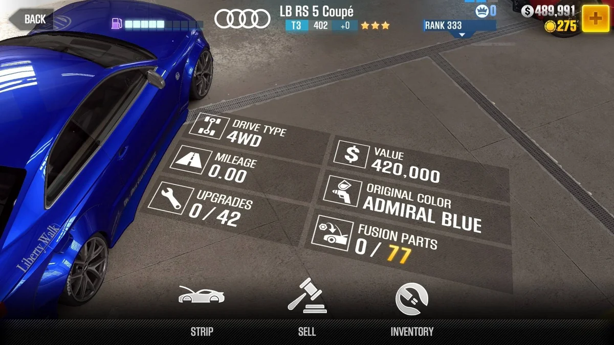 Audi LB RS 5 Coupe CSR2 fusion parts and tune setup