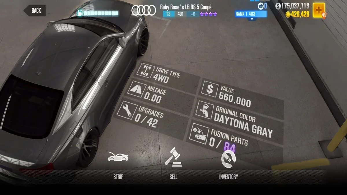 Audi Ruby Rose's LB RS 5 Coupe CSR2 fusion parts and tune setup