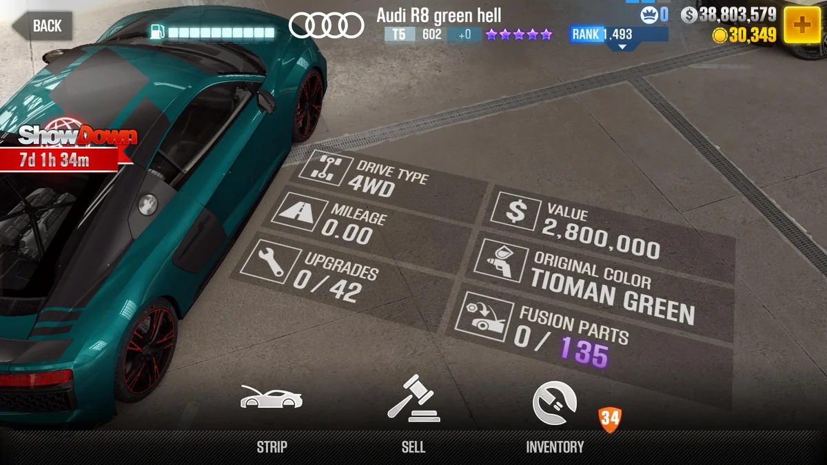 Audi R8 green hell CSR2 fusion parts and tune setup