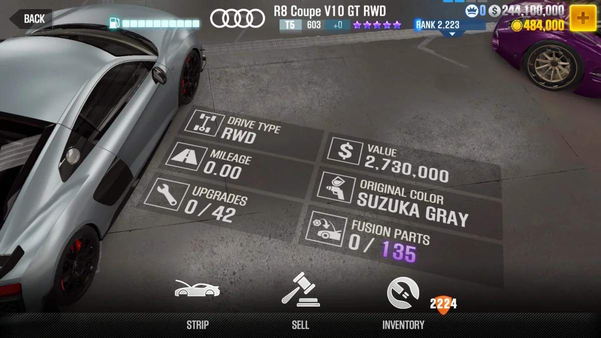 Audi R8 Coupe V10 GT RWD CSR2 fusion parts and tune setup