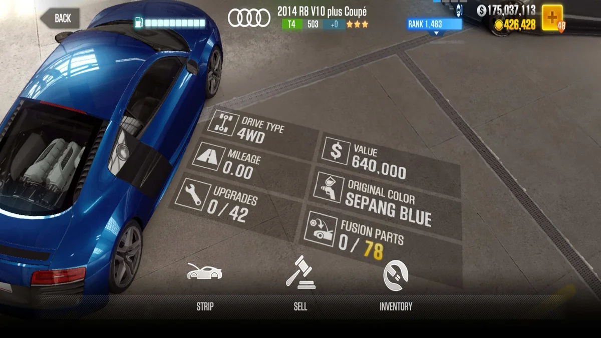 Audi R8 V10 Plus Coupe 2014 CSR2 fusion parts and tune setup