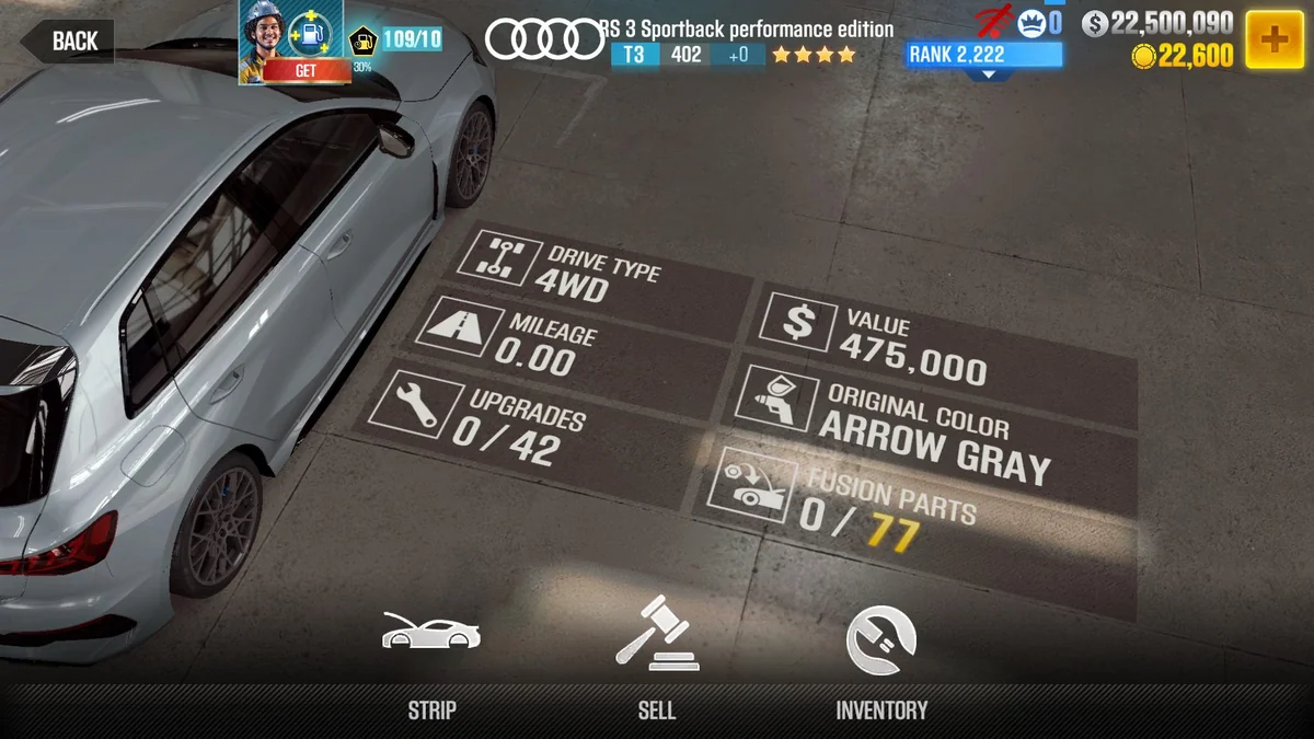 Audi RS3 Sportback performance edition CSR2 fusion parts and tune setup