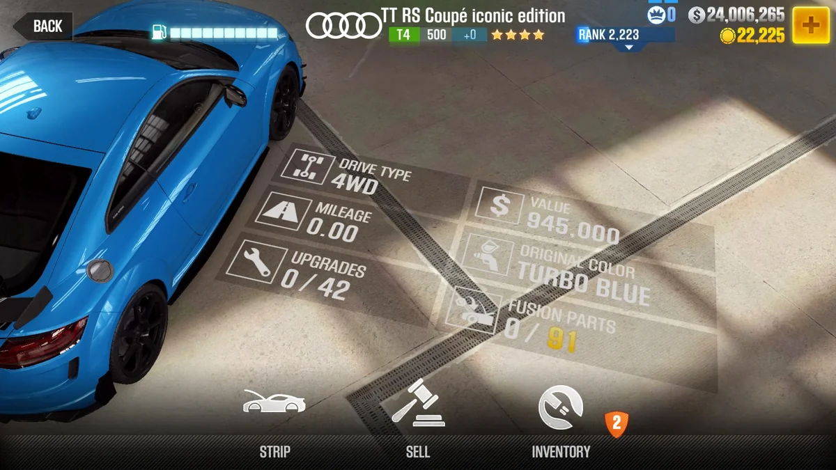 Audi TT RS Coupe iconic edition CSR2 fusion parts and tune setup