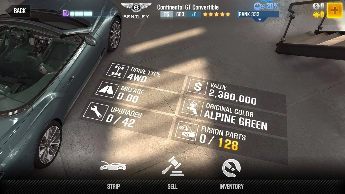 Bentley Continental GT Convertible CSR2 fusion parts and upgrade breakdown, tier 5 gold star car