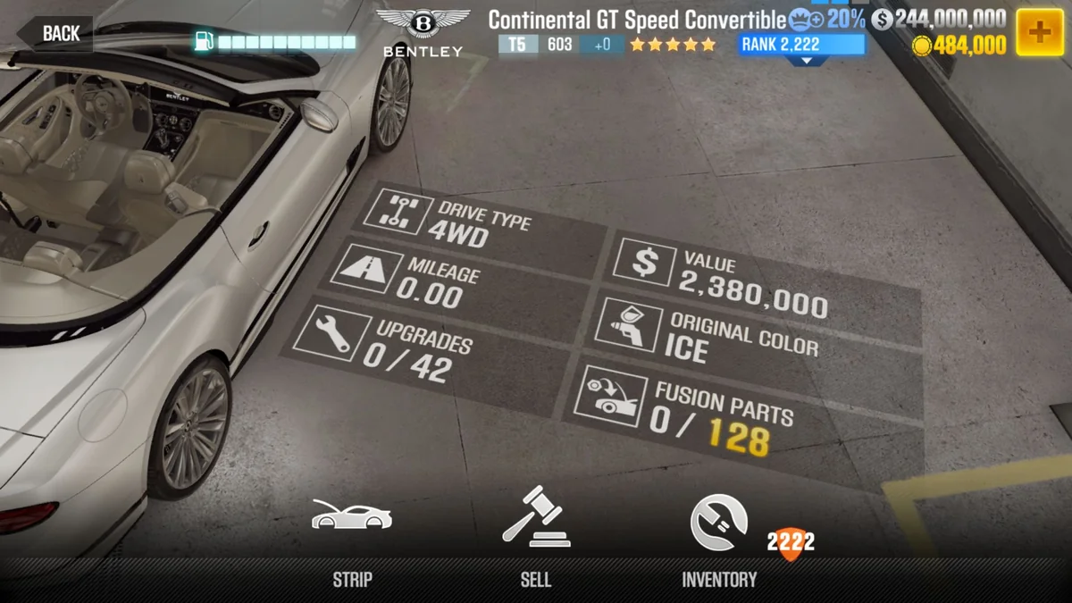 Bentley Continental GT Speed Convertible CSR2 fusion parts and upgrade breakdown, tier 5 gold star car