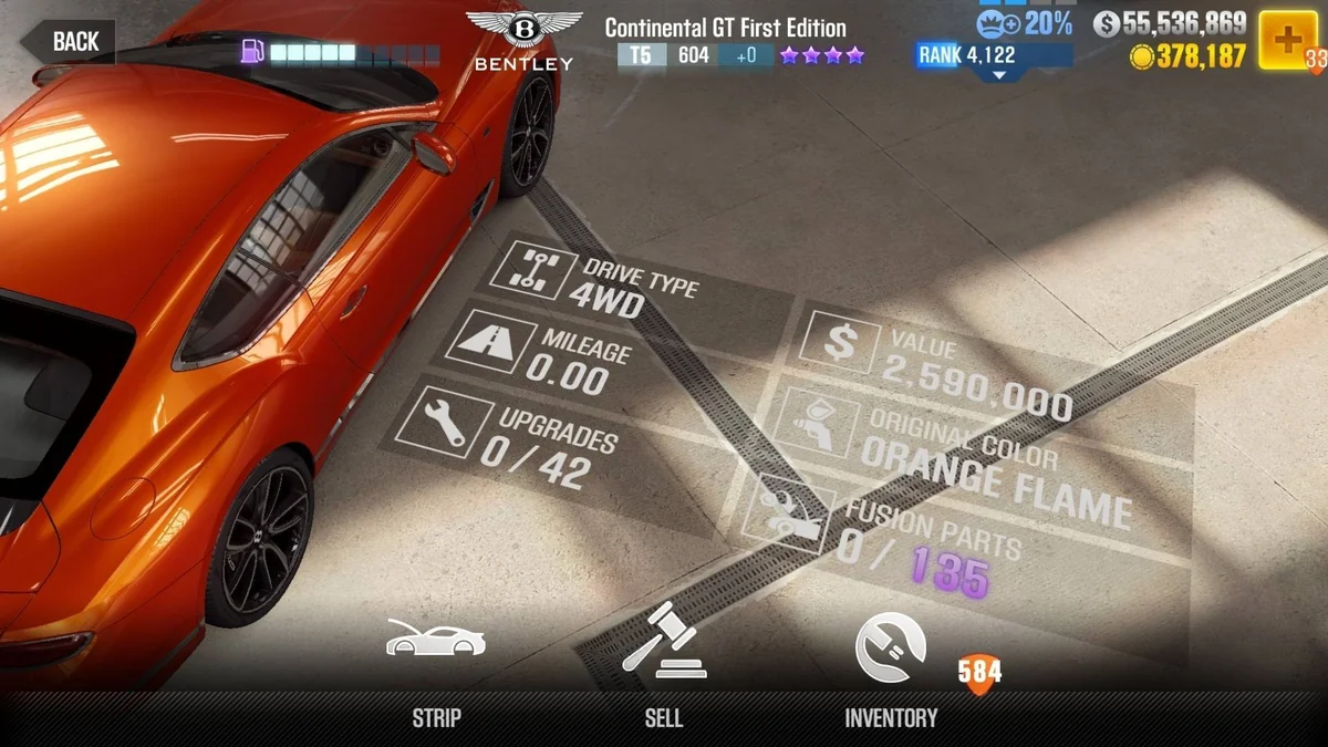 Bentley Continental GT First Edition CSR2 fusion parts and upgrade breakdown, tier 5 purple star car
