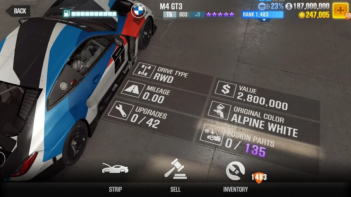 BMW 2022 M4 GT3 CSR2 fusion parts and upgrade breakdown, tier 5 purple star car