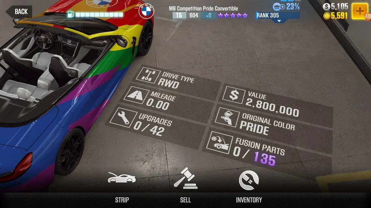 BMW M8 Competition Pride Convertible CSR2 fusion parts and tune setup