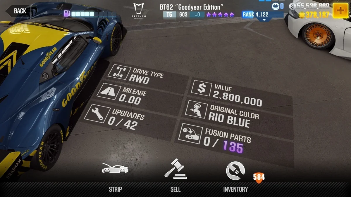 Brabham BT62 ''Goodyear Edition'' CSR2 fusion parts and upgrade breakdown, tier 5 purple star car