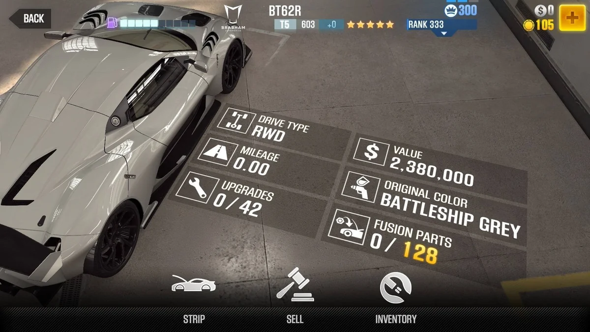 Brabham BT62R CSR2 fusion parts and upgrade breakdown, tier 5 purple star car