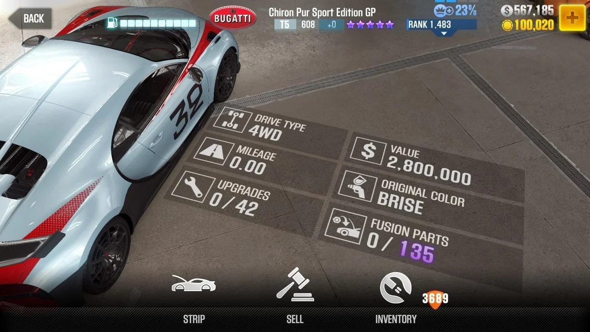 Bugatti Chiron Pur Sport Edition GP CSR2 fusion parts and upgrade breakdown, tier 5 purple star car