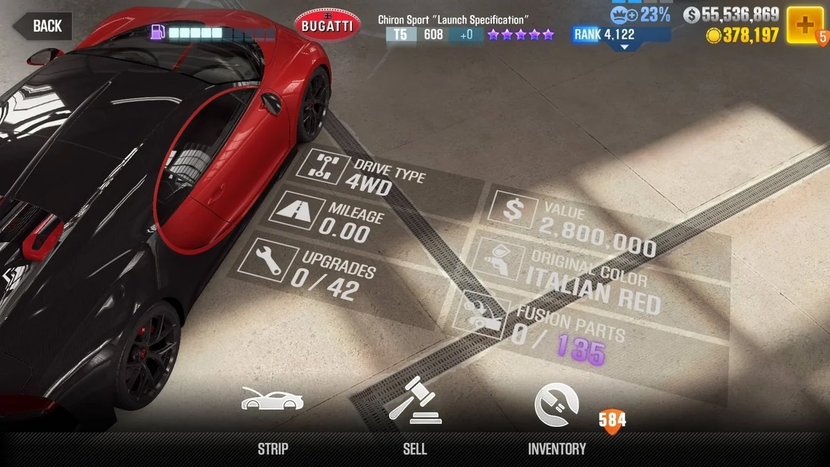 Bugatti Chiron Sport ''Launch Specification'' CSR2 fusion parts and upgrade breakdown, tier 5 purple star car