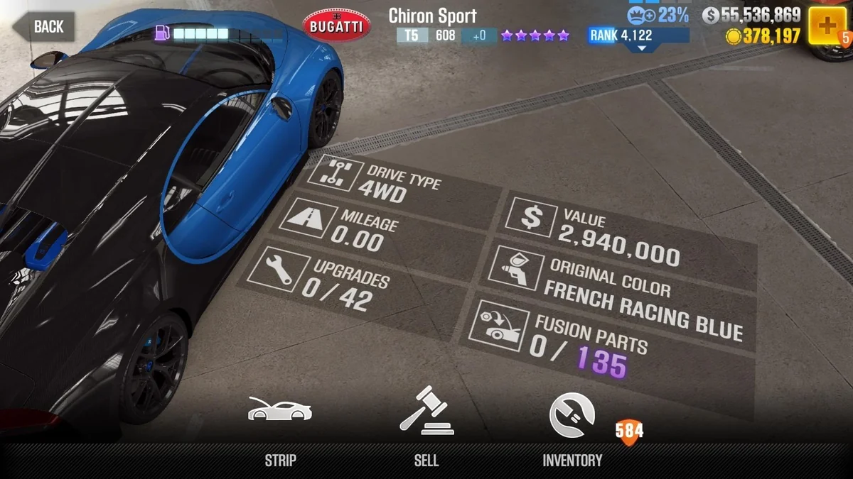 Bugatti Chiron Sport CSR2 fusion parts and upgrade breakdown, tier 5 purple star car