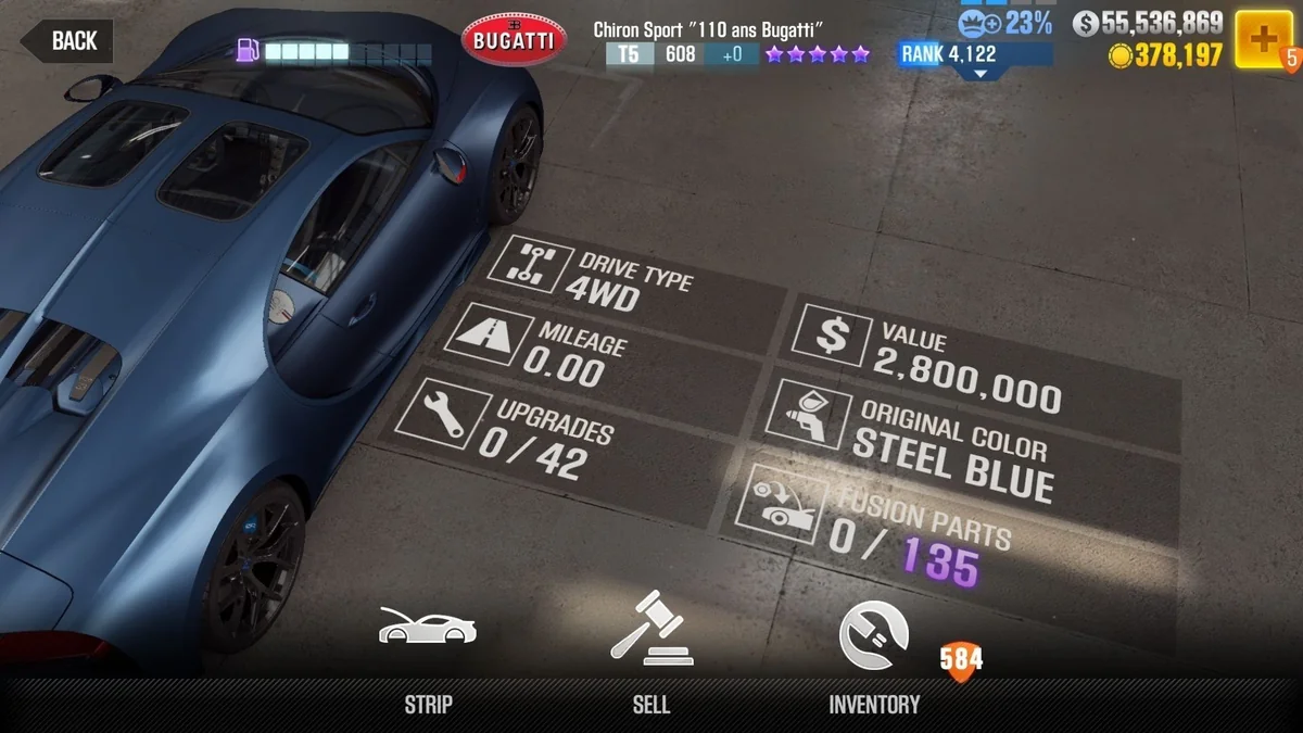 Bugatti Chiron Sport "110 ans Bugatti" CSR2 fusion parts and tune setup